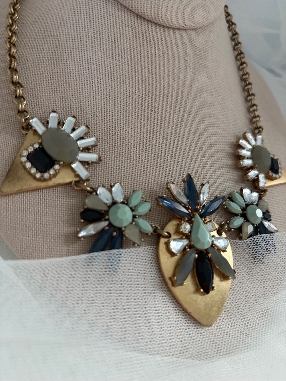 J. Crew Gold Floral Statement Necklace with Mint, Navy & Black Accents